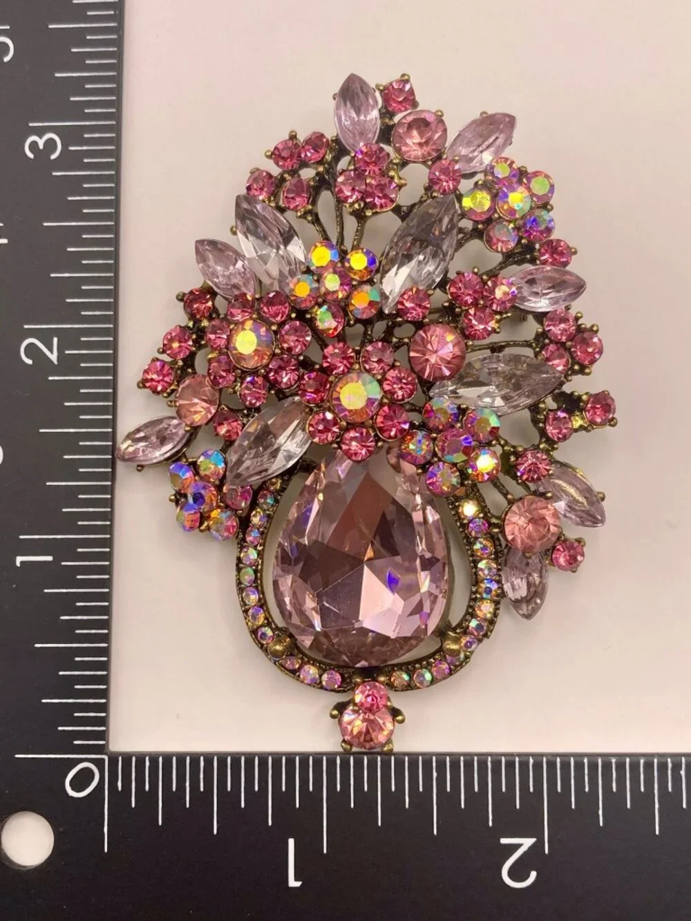 Vintage Style Pink Rhinestone Floral Brooch Pin Aurora Borealis Accents -19B